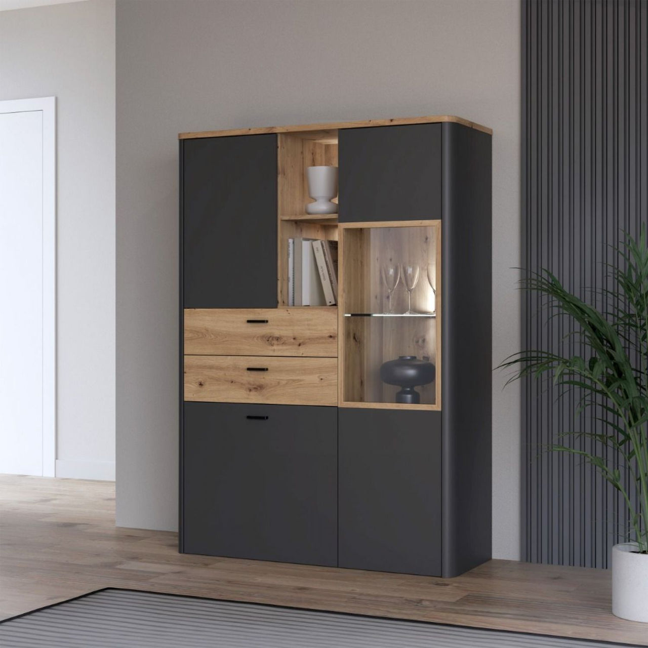 Klara Display Cabinet with 2 Door 2 Drawers and 1 Glass Door in Grey and Oak inc LED Lighting