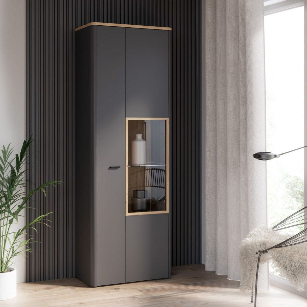 Klara Display Cabinet with 1 Door and 1 Glass Door in Grey and Oak