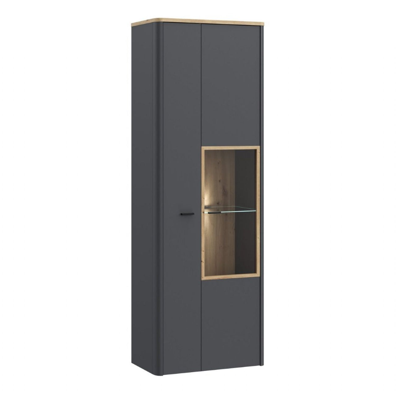 Klara Display Cabinet with 1 Door and 1 Glass Door in Grey and Oak inc LED Lighting