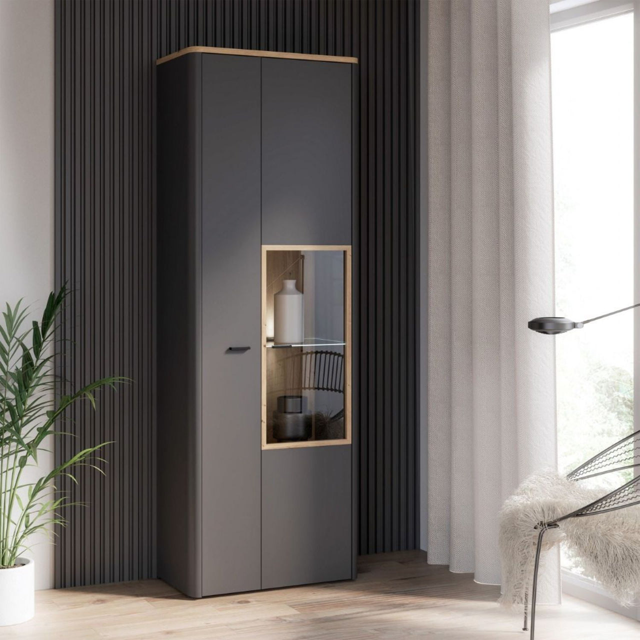 Klara Display Cabinet with 1 Door and 1 Glass Door in Grey and Oak inc LED Lighting