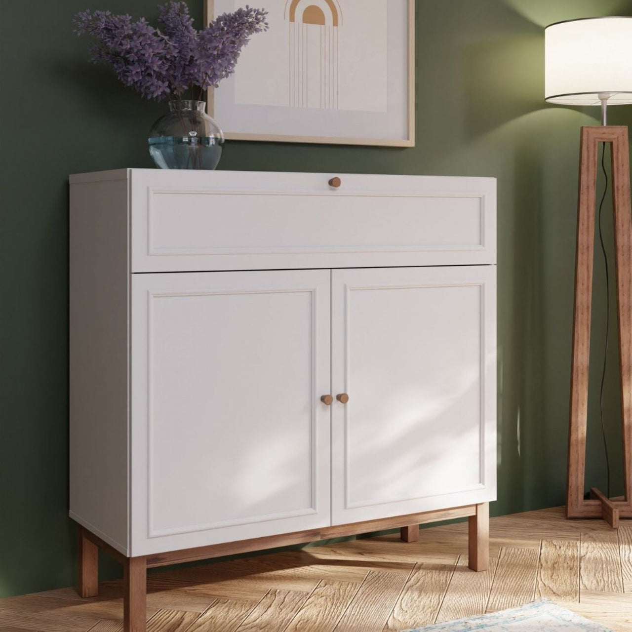 Wensley 2 Door 1 Drawer Console in Light Grey and Oak