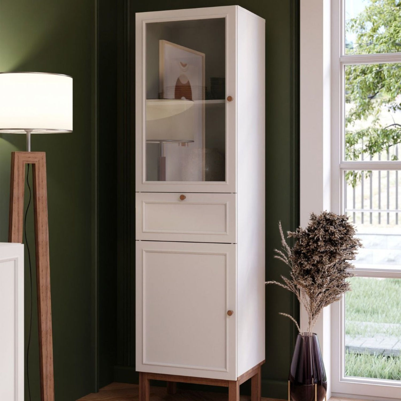 Wensley Display Cabinet with 1 Door 1 Drawer and 1 Glass Door in Light Grey and Oak