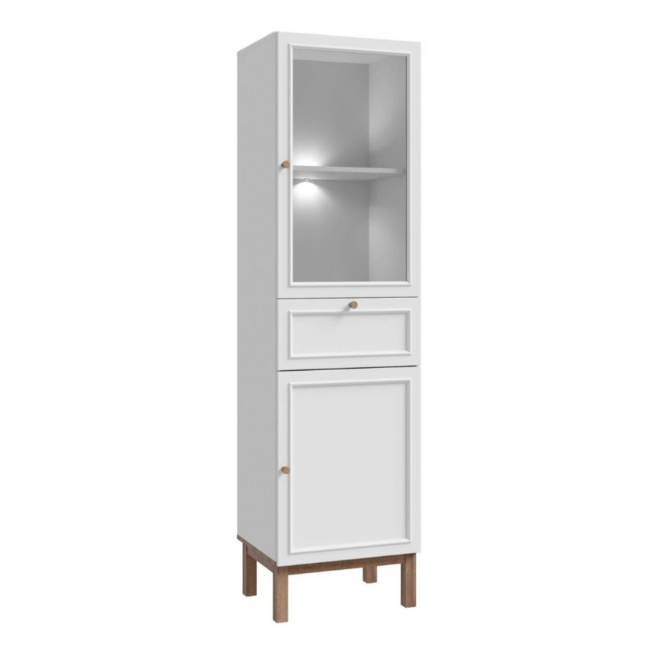 Wensley Display Cabinet with 1 Door 1 Drawer and 1 Glass Door in Light Grey and Oak inc LED Lighting