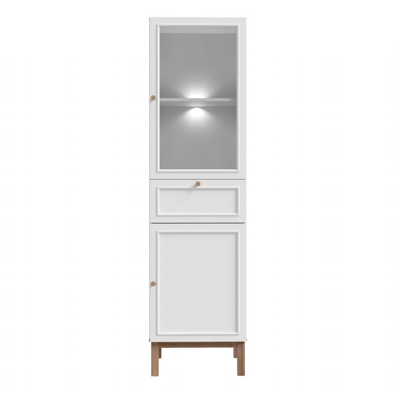 Wensley Display Cabinet with 1 Door 1 Drawer and 1 Glass Door in Light Grey and Oak inc LED Lighting