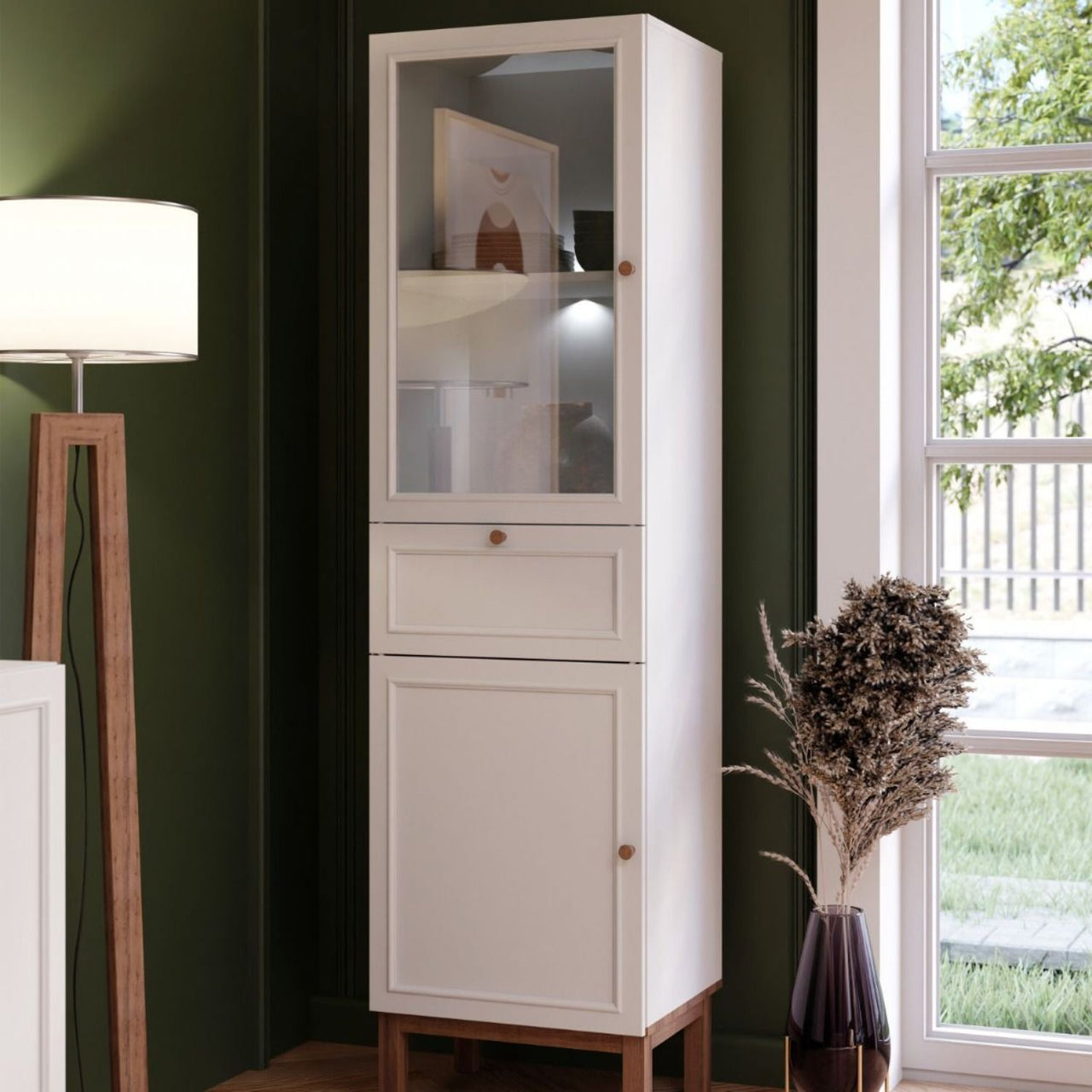 Wensley Display Cabinet with 1 Door 1 Drawer and 1 Glass Door in Light Grey and Oak inc LED Lighting