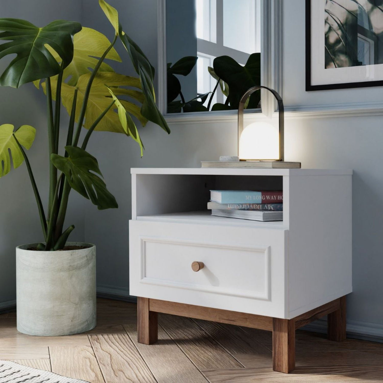 Wensley 2 Drawer Bedside Chest in Light Grey and Oak