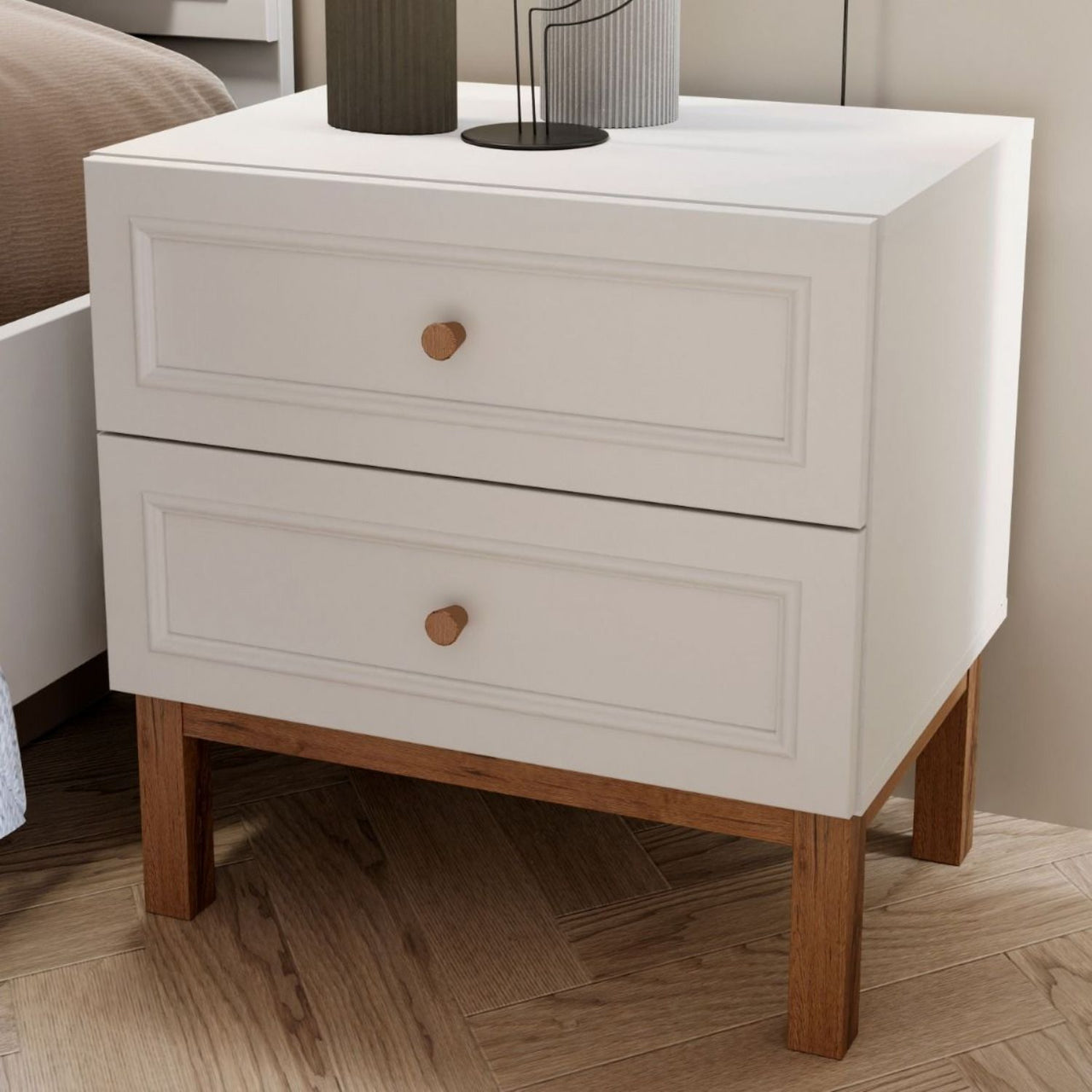 Wensley 2 Drawer Bedside Chest in Light Grey and Oak