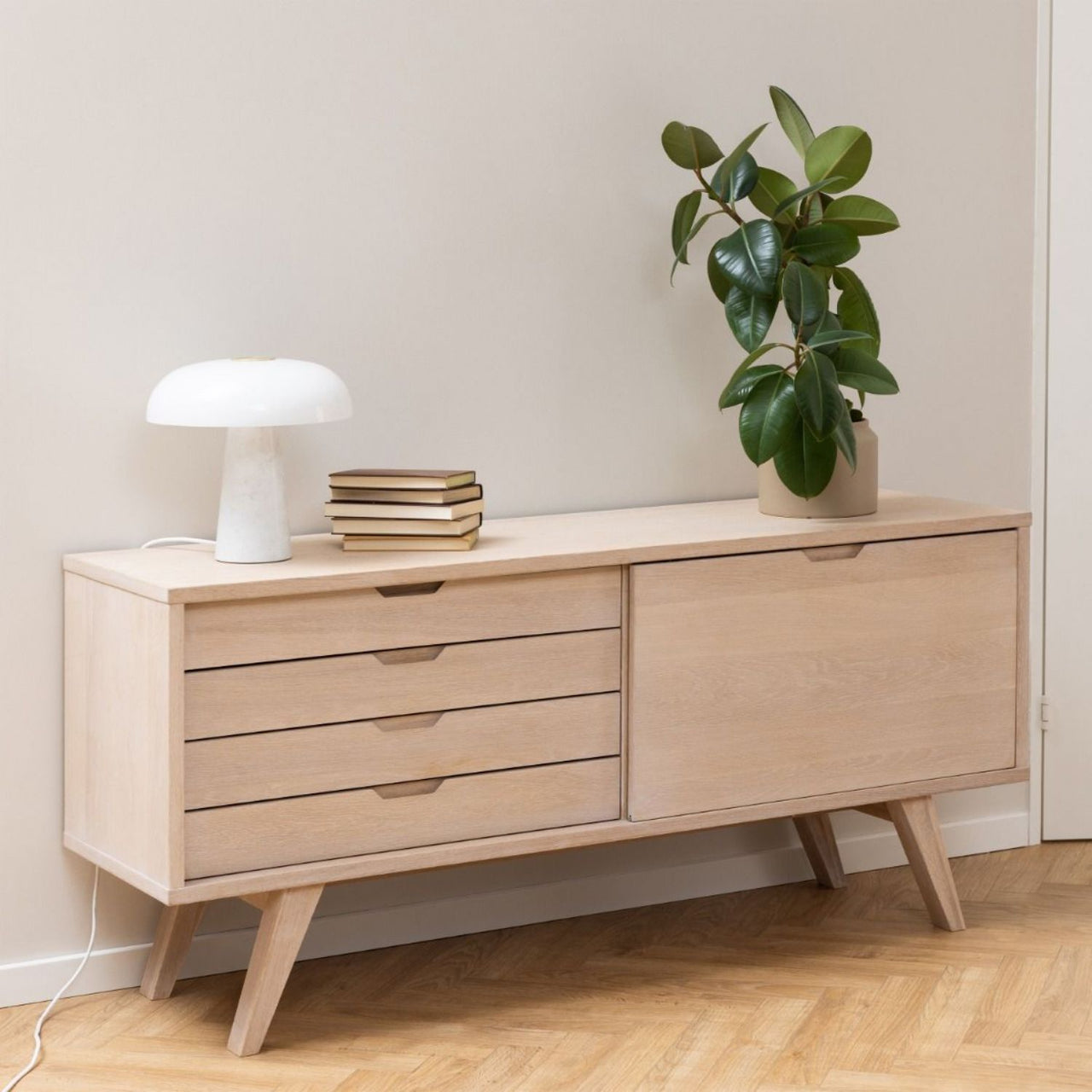 ALine Sideboard with 4 Drawers and Sliding Door in White Oak