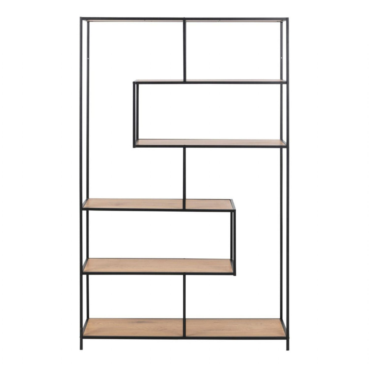 Seaford Black Metal Large Asymmetrical Bookcase with 5 Oak Shelves