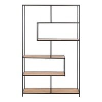 Thumbnail for Seaford Black Metal Large Asymmetrical Bookcase with 5 Oak Shelves