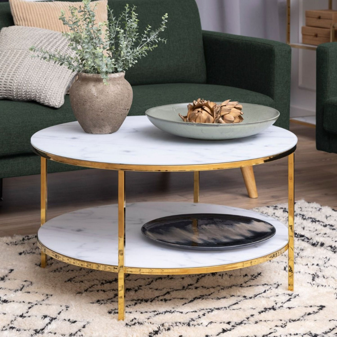 Alisma Round Coffee Table with Marble Effect Top And Gold Legs