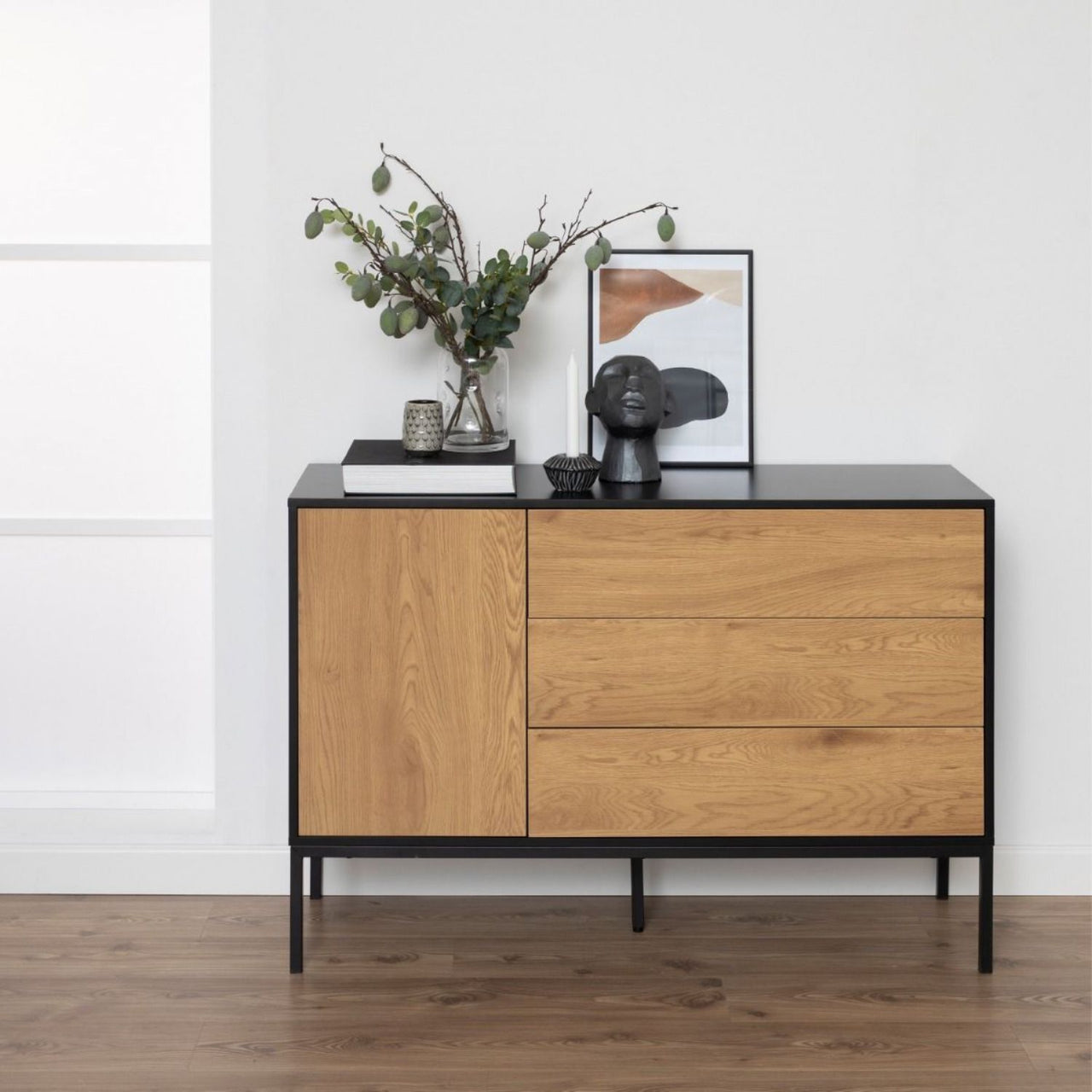 Seaford 1 Door 3 Drawer Small Sideboard in Black And Oak