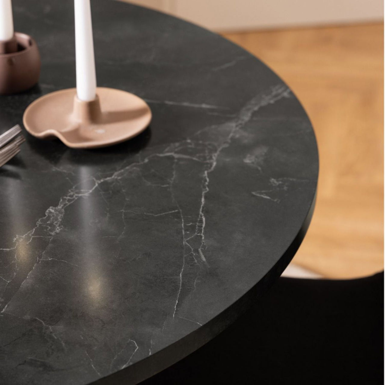 Amble Round Dining Table with Black Marble Effect Top