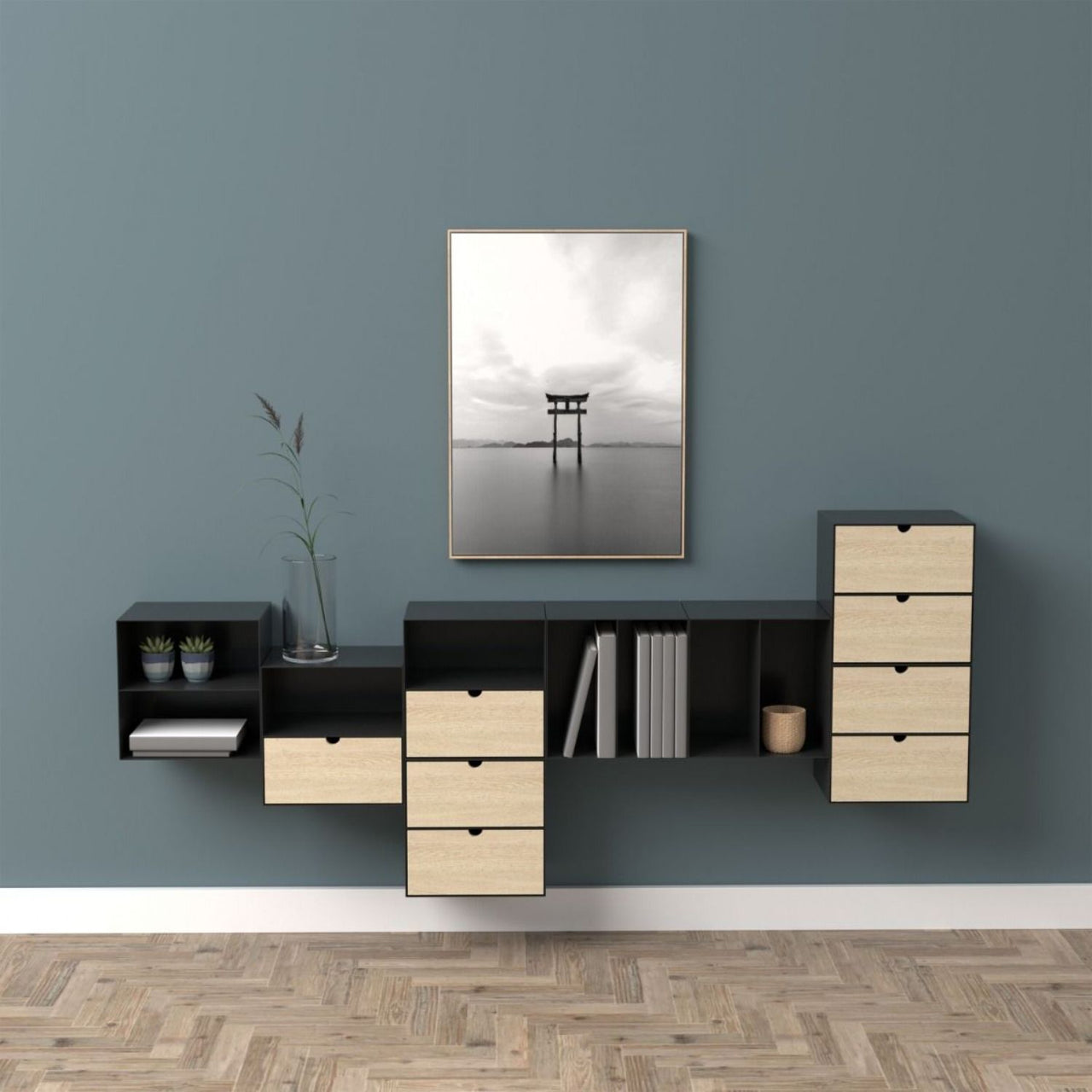 Joliet 1 Drawer Wallmounted Bedside Table in Black &amp; Bamboo