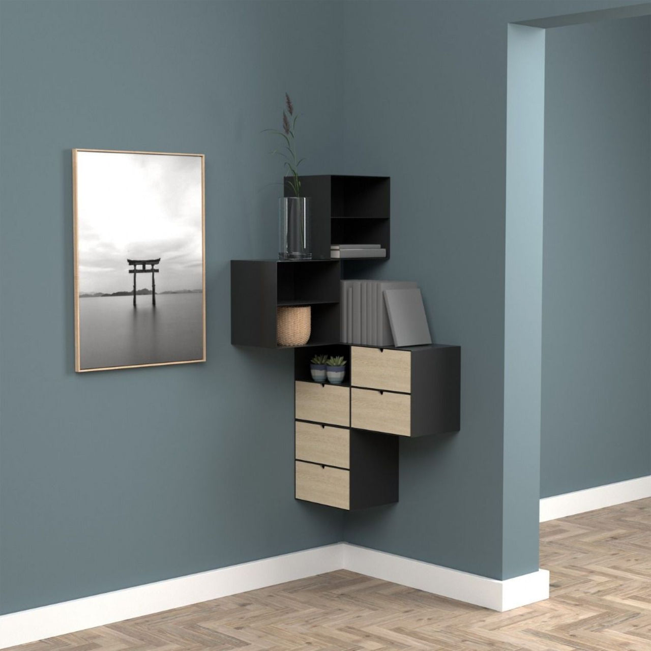 Joliet 1 Drawer Wallmounted Bedside Table in Black &amp; Bamboo