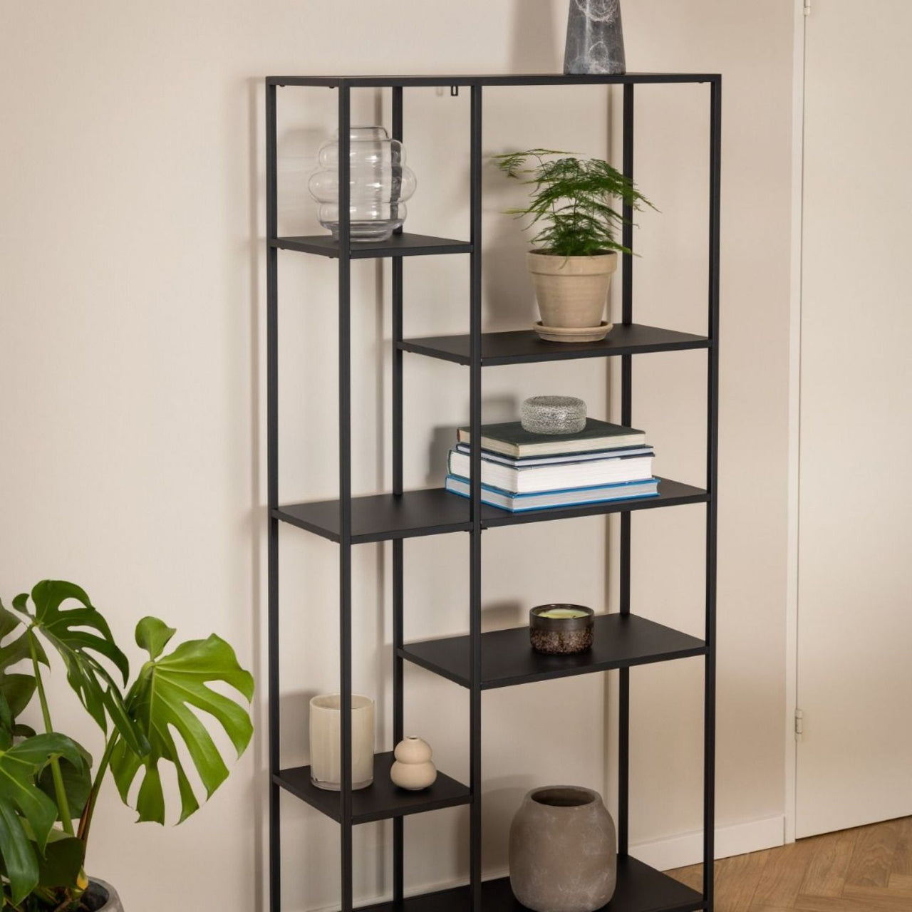 Newcastle Asymmetrical Bookcase with 6 Shelves in Matt Black