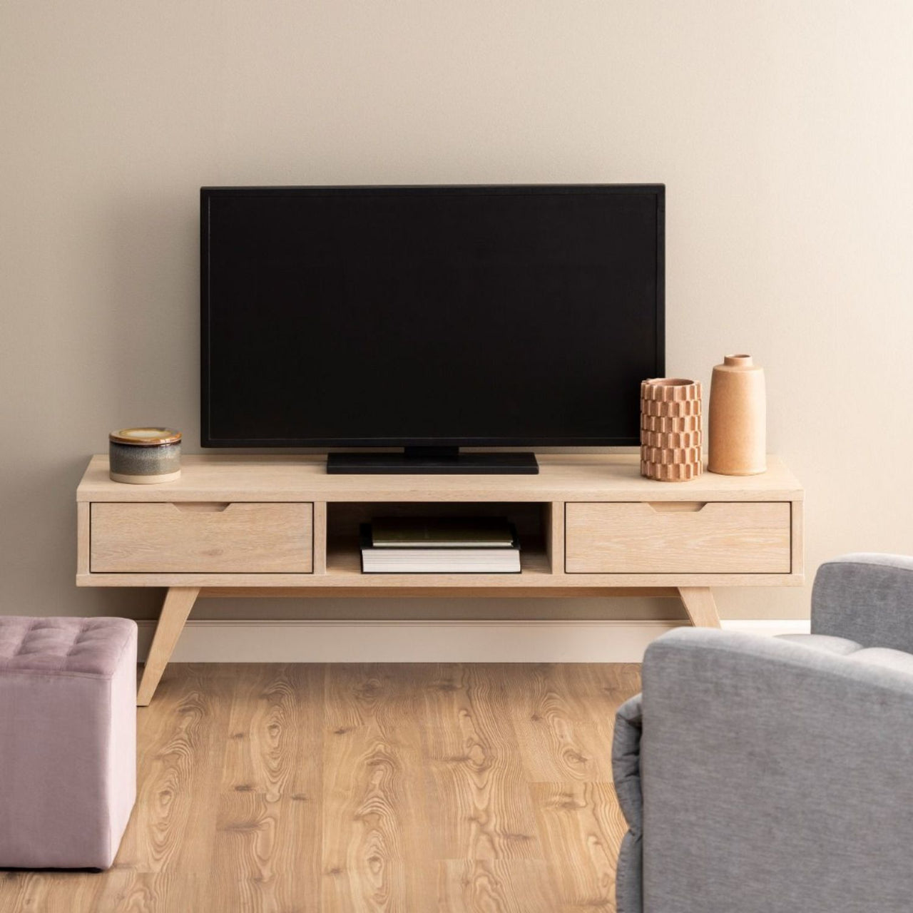 ALine TV Unit with 2 Drawers in White Oak