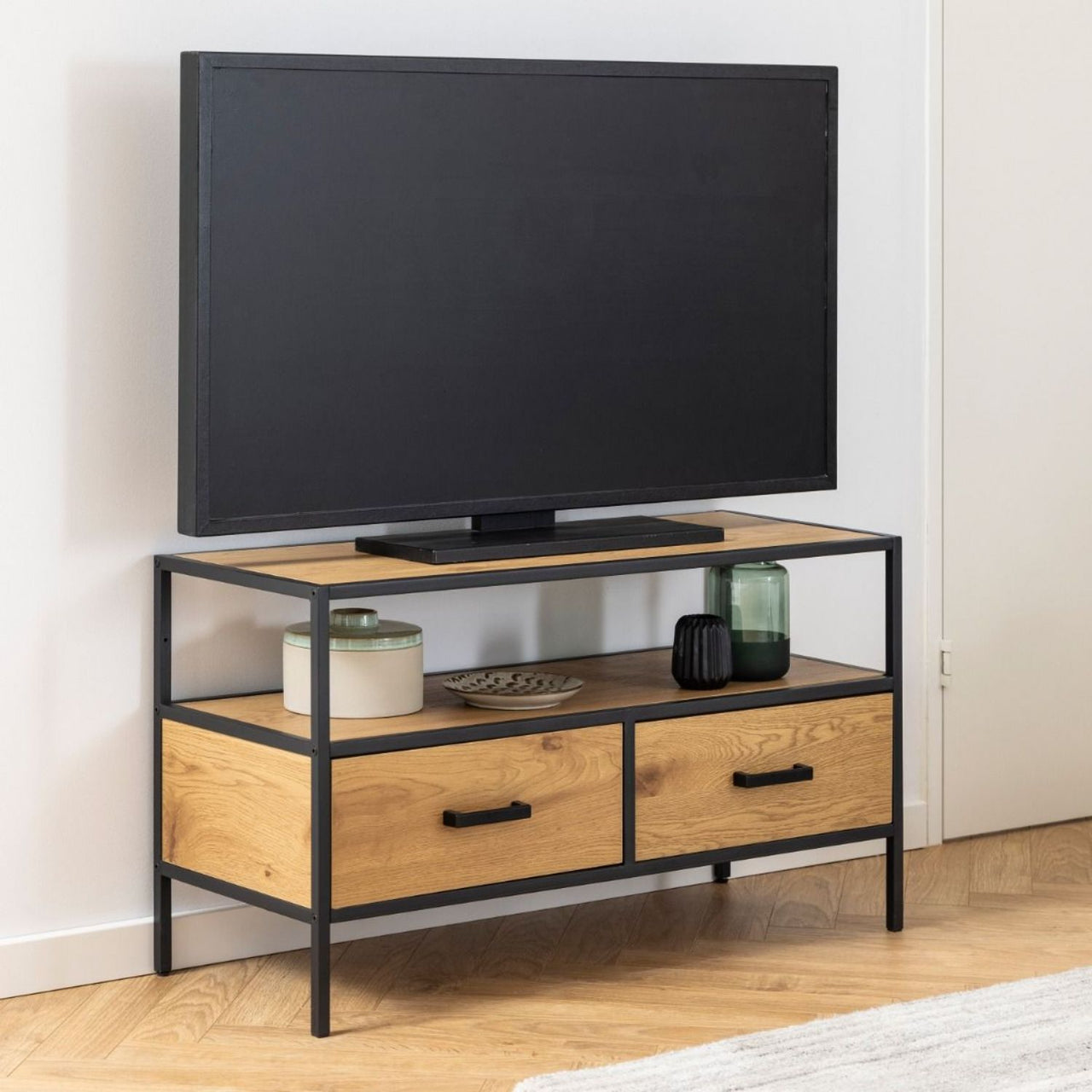 Seaford TV Unit 2 Drawers in Black And Oak