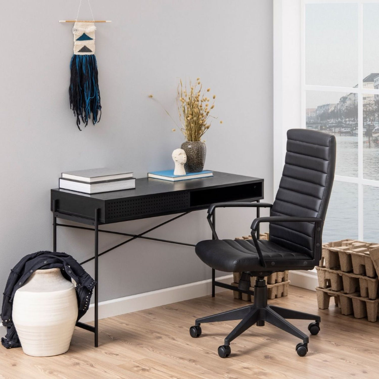 Angus Office Desk with Sliding Door in Black