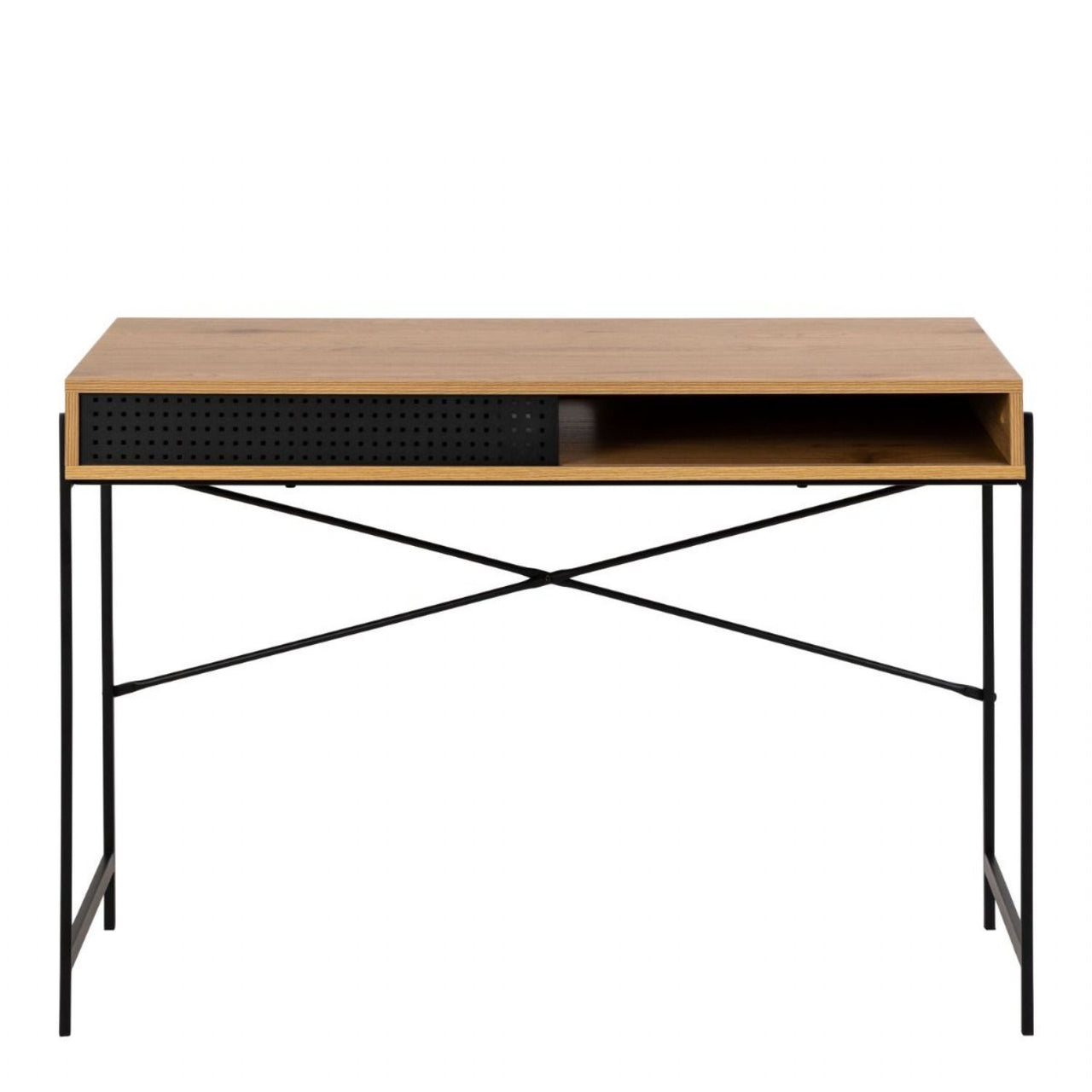 Angus Office Desk with Sliding Door in Oak And Black