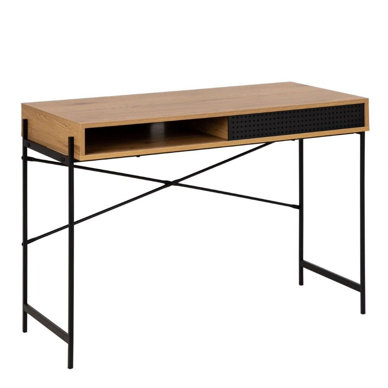 Angus Office Desk with Sliding Door in Oak And Black