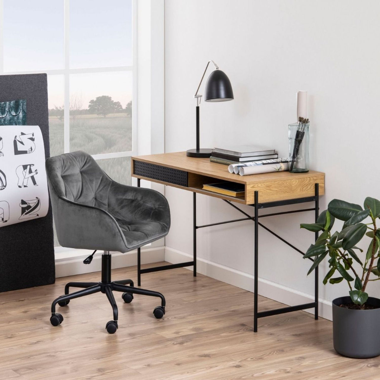 Angus Office Desk with Sliding Door in Oak And Black