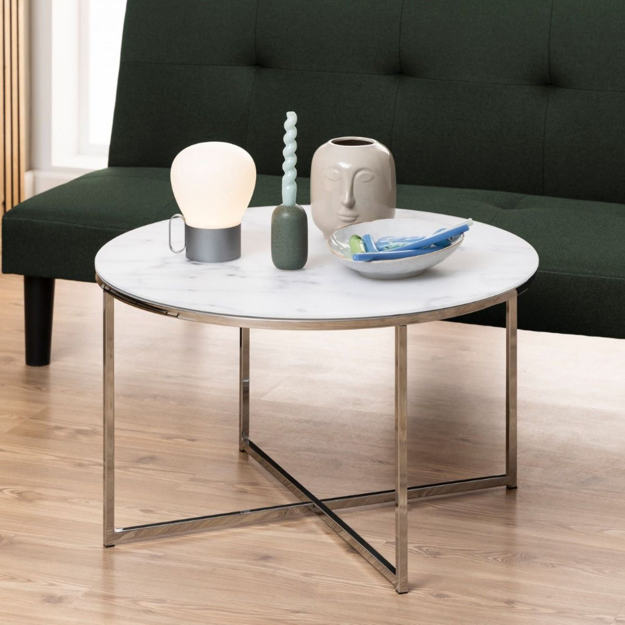 Alisma Round Coffee Table with White Marble Top &amp; Silver Legs