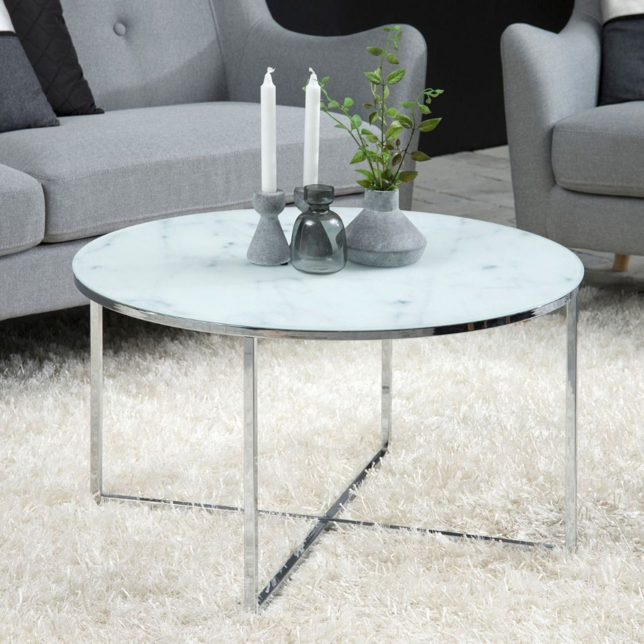 Alisma Round Coffee Table with White Marble Top &amp; Silver Legs