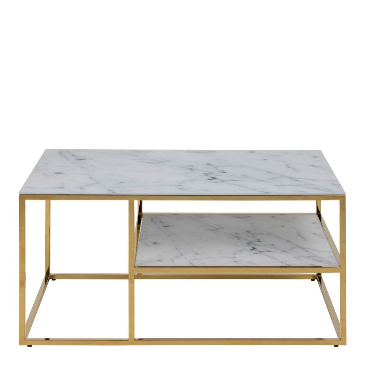 Alisma Open Shelf Coffee Table with White Marble Effect And Gold Legs