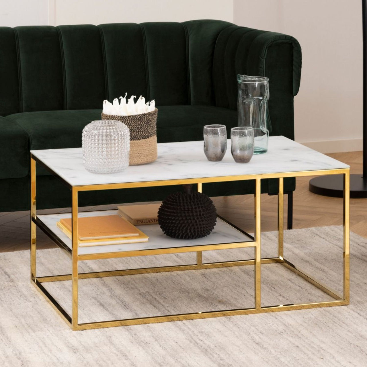 Alisma Open Shelf Coffee Table with White Marble Effect And Gold Legs