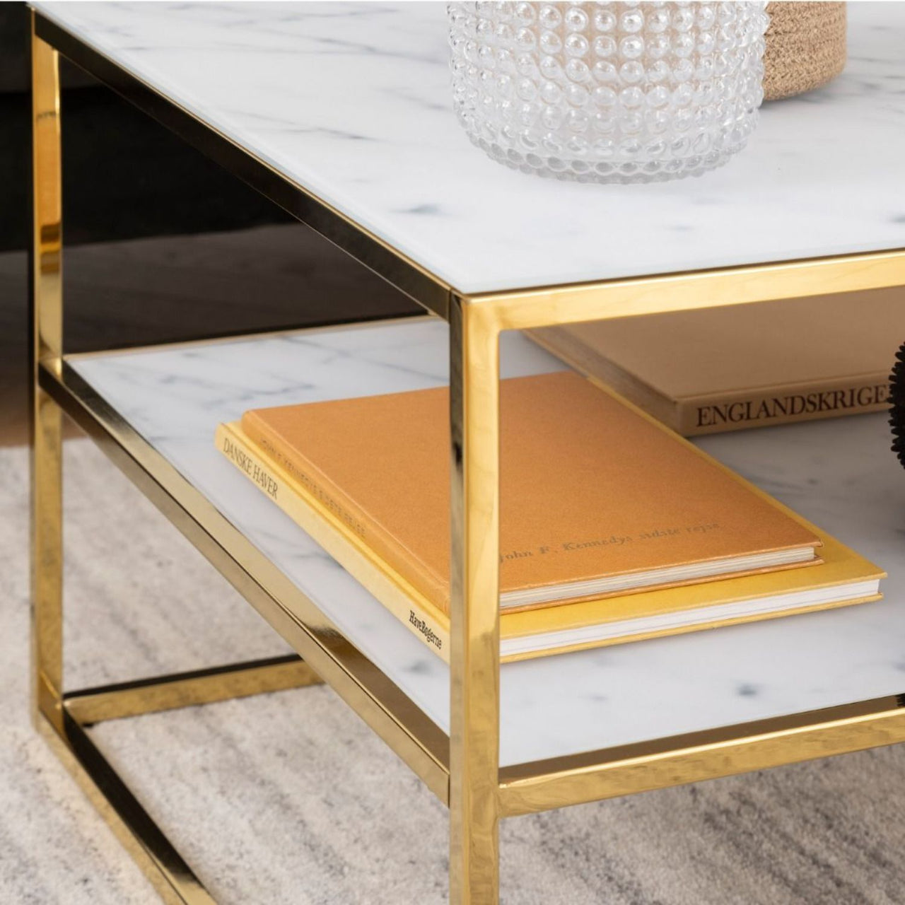 Alisma Open Shelf Coffee Table with White Marble Effect And Gold Legs