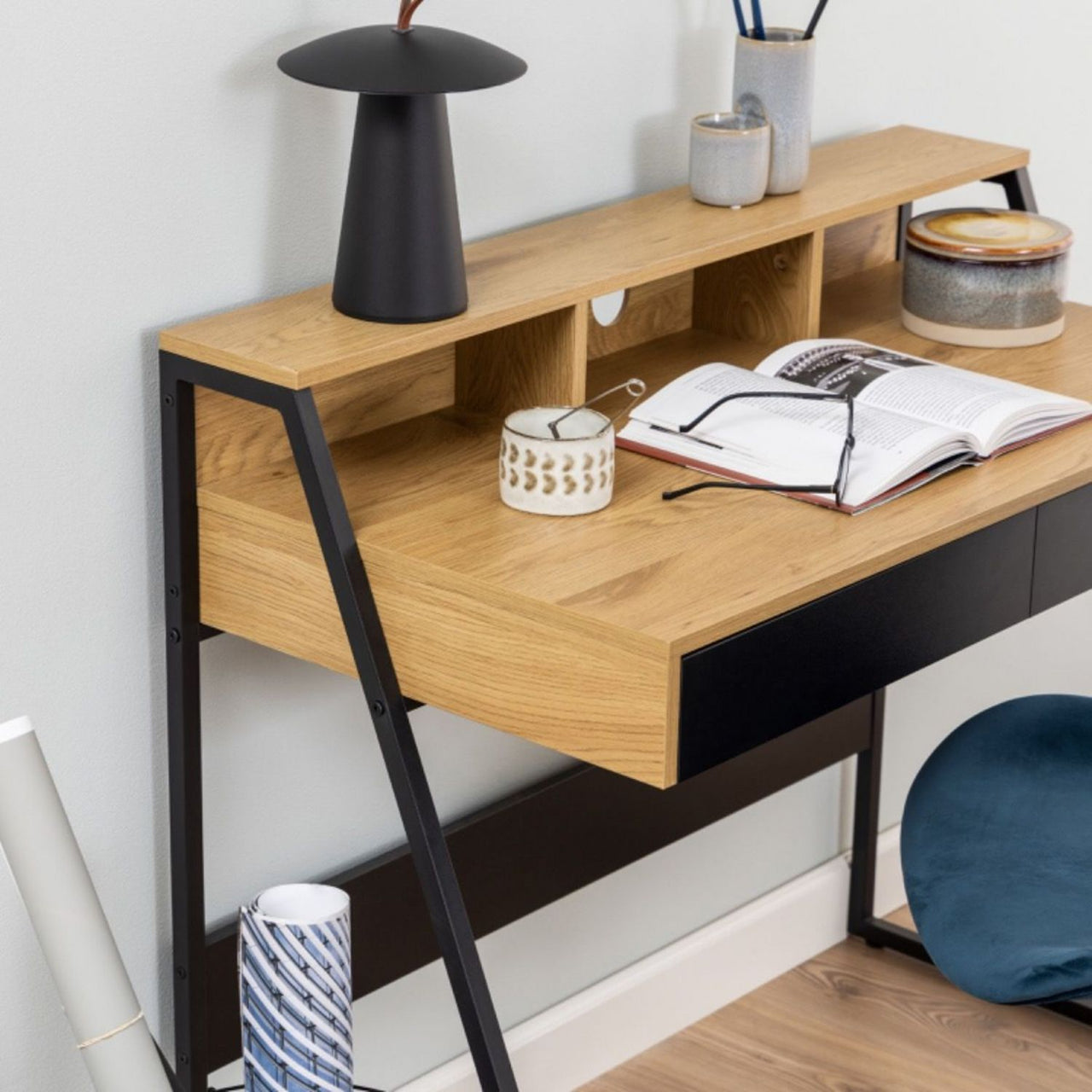 Reece 1 Drawer Office Desk in Oak &amp; Black