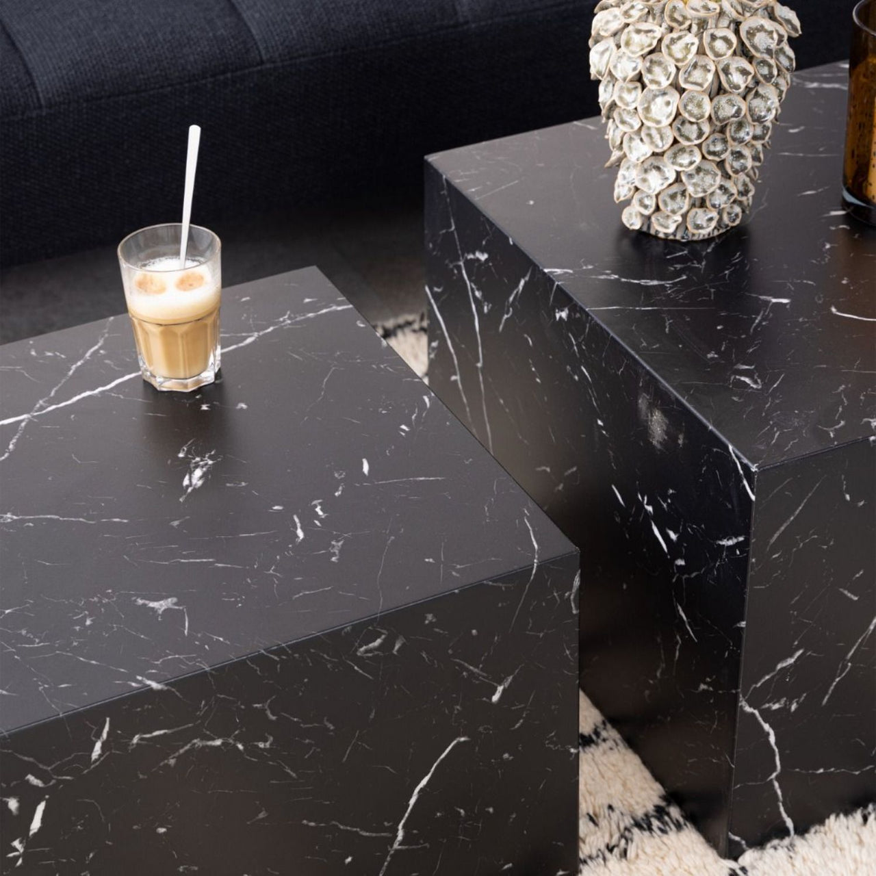 Dice Square Coffee Table Set in Black Marble Marquina