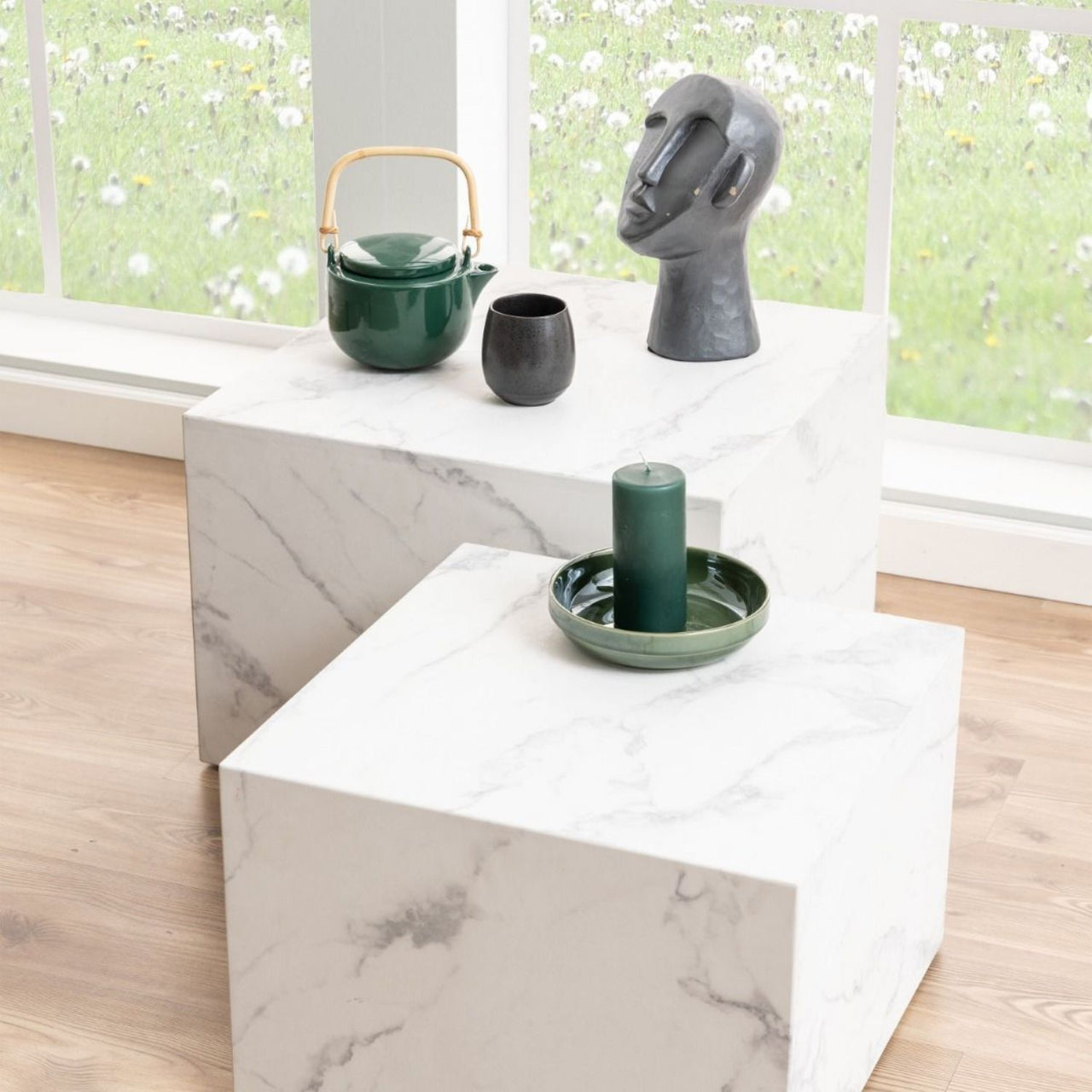 Dice Square Coffee Table Set in White Marble Carrara