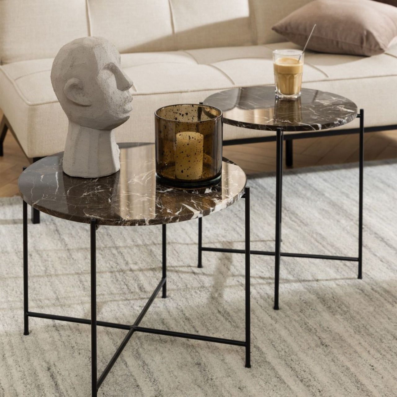 Avila Side Table with Brown Marble Effect Dia42x45 cm