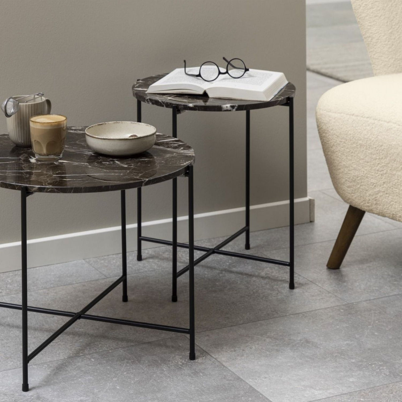 Avila Side Table with Brown Marble Effect Dia42x45 cm