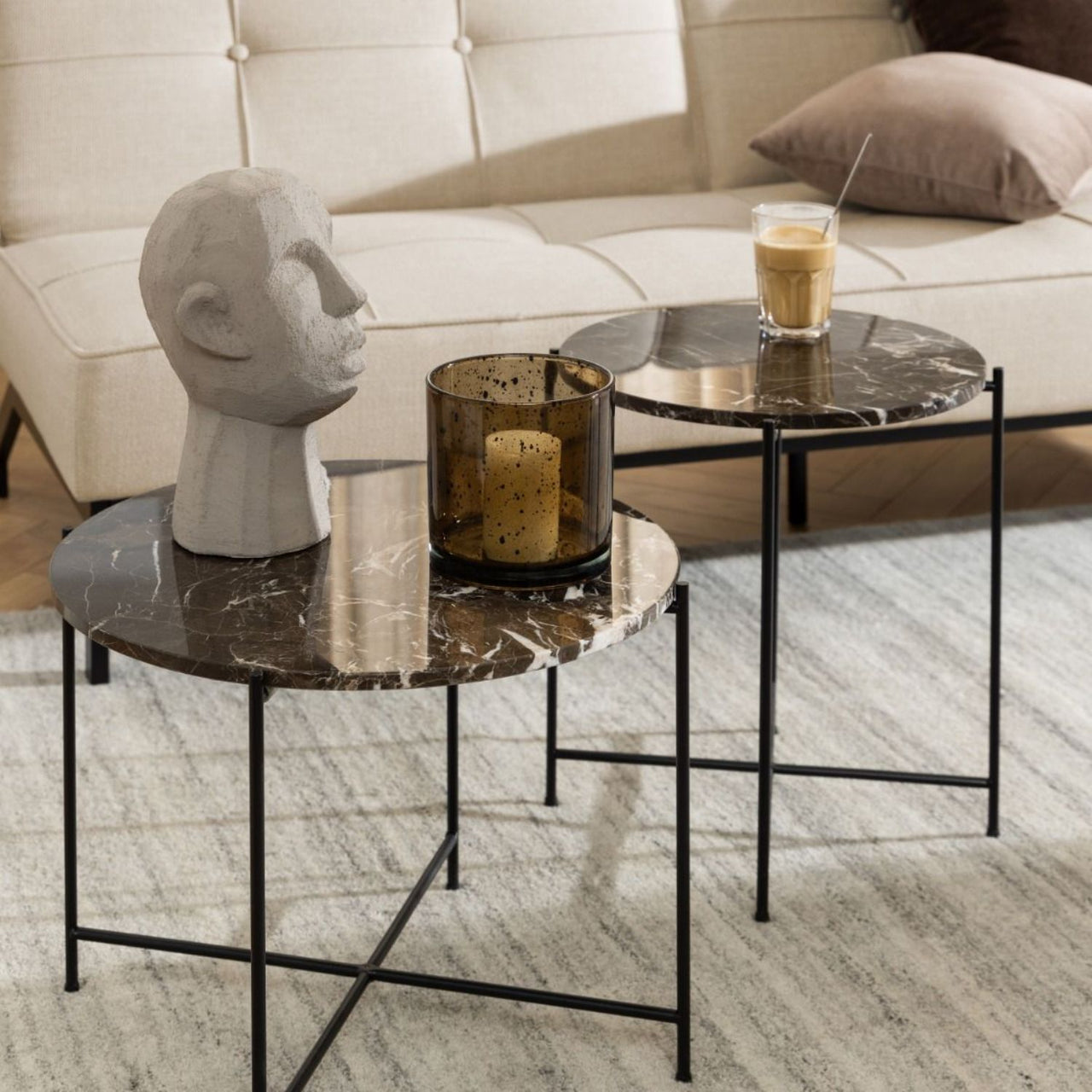 Avila Side Table in Brown Marble Effect Dia52x40 cm