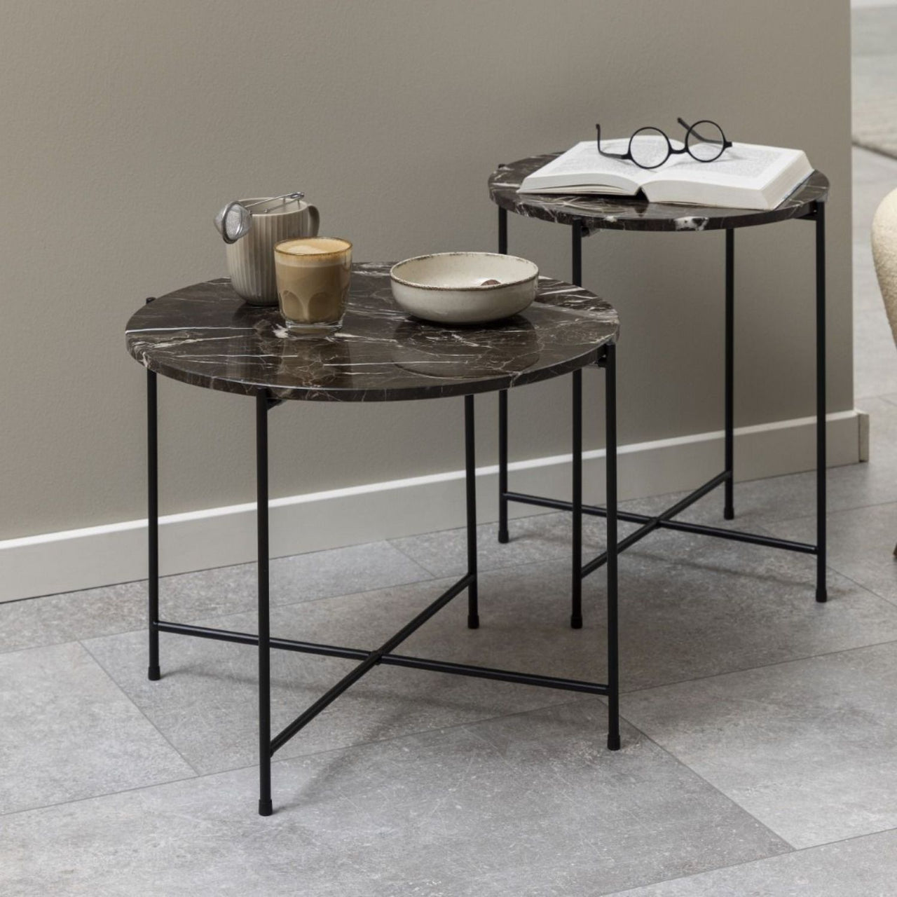 Avila Side Table in Brown Marble Effect Dia52x40 cm