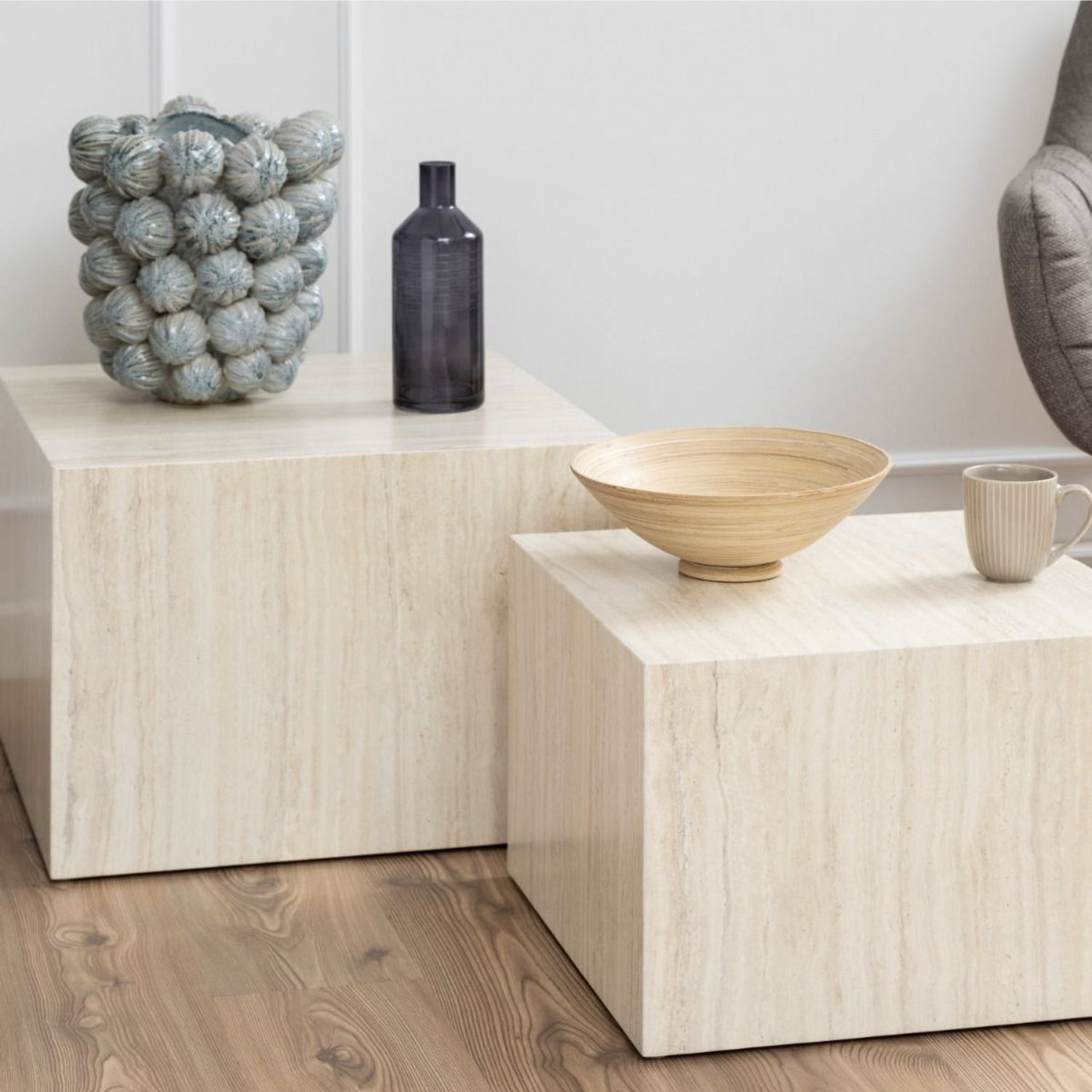 Dice Square Coffee Table Set in Light Travertine Effect