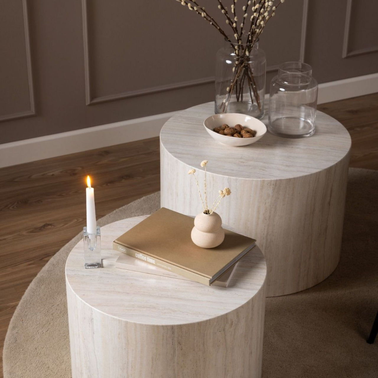 Dice Round Coffee Table Set in Light Travertine Effect