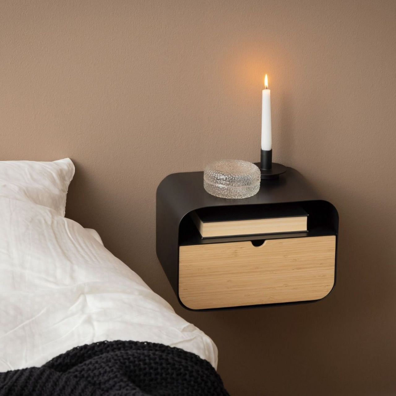 Joliet Wallmounted Bedside Table in Black and Bamboo