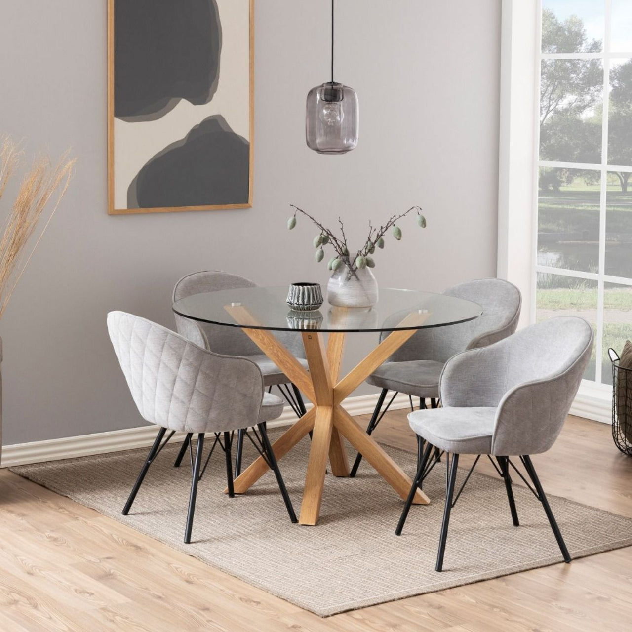 Heaven Round Dining Table with Clear Glass Top and Oak Legs