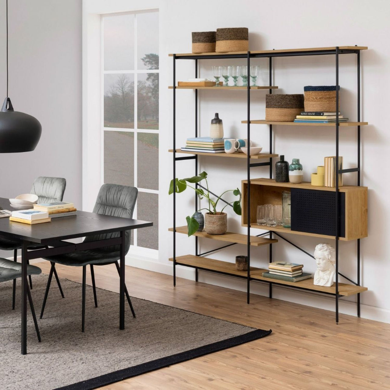 Angus Bookcase with 1 Sliding Door And 5 Shelves in Oak And Black