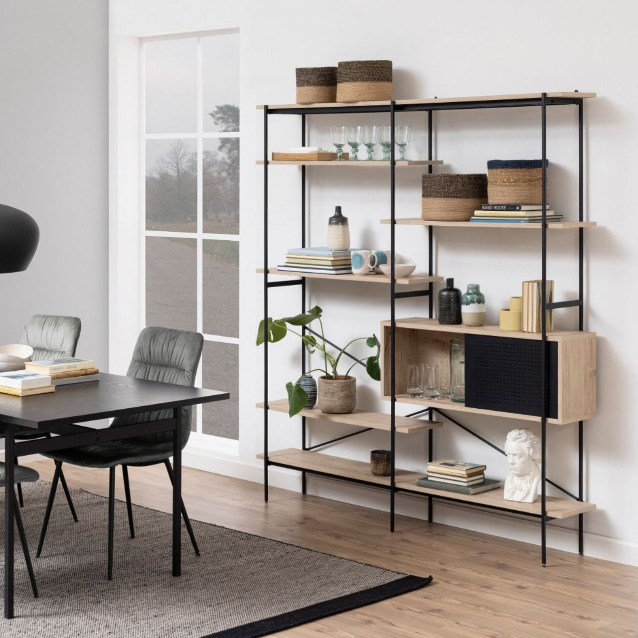 Angus Bookcase with 1 Sliding Door And 5 Shelves in White Oak And Black