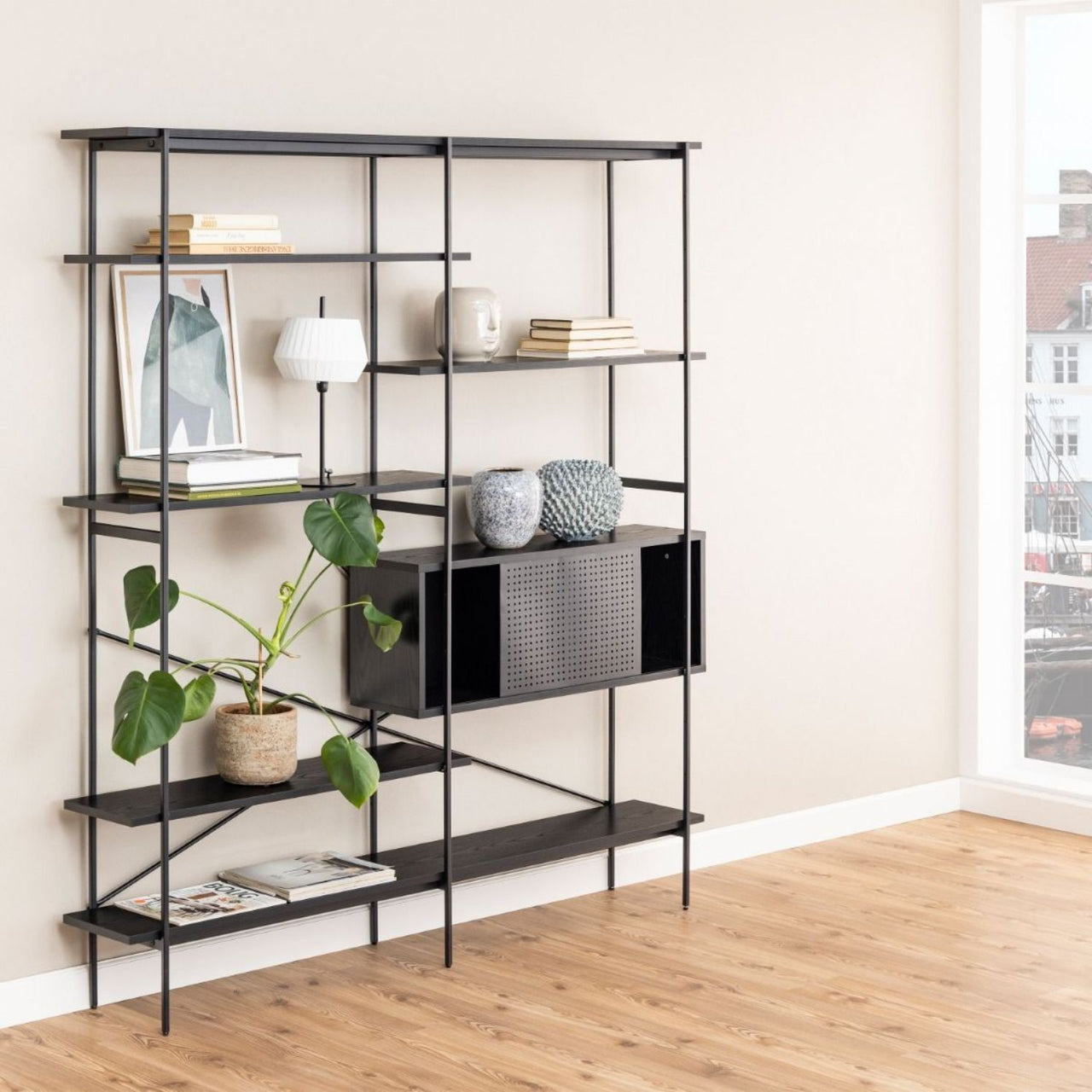 Angus Bookcase with 1 Sliding Door And 5 Shelves in Black