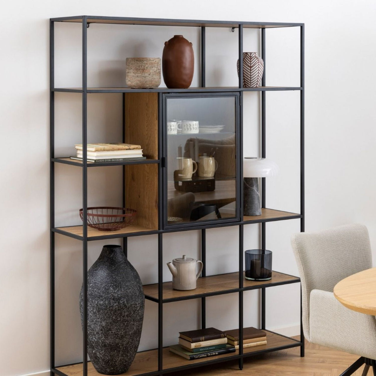 Seaford Bookcase with 7 Shelves and Glass Front Display in Black and Oak