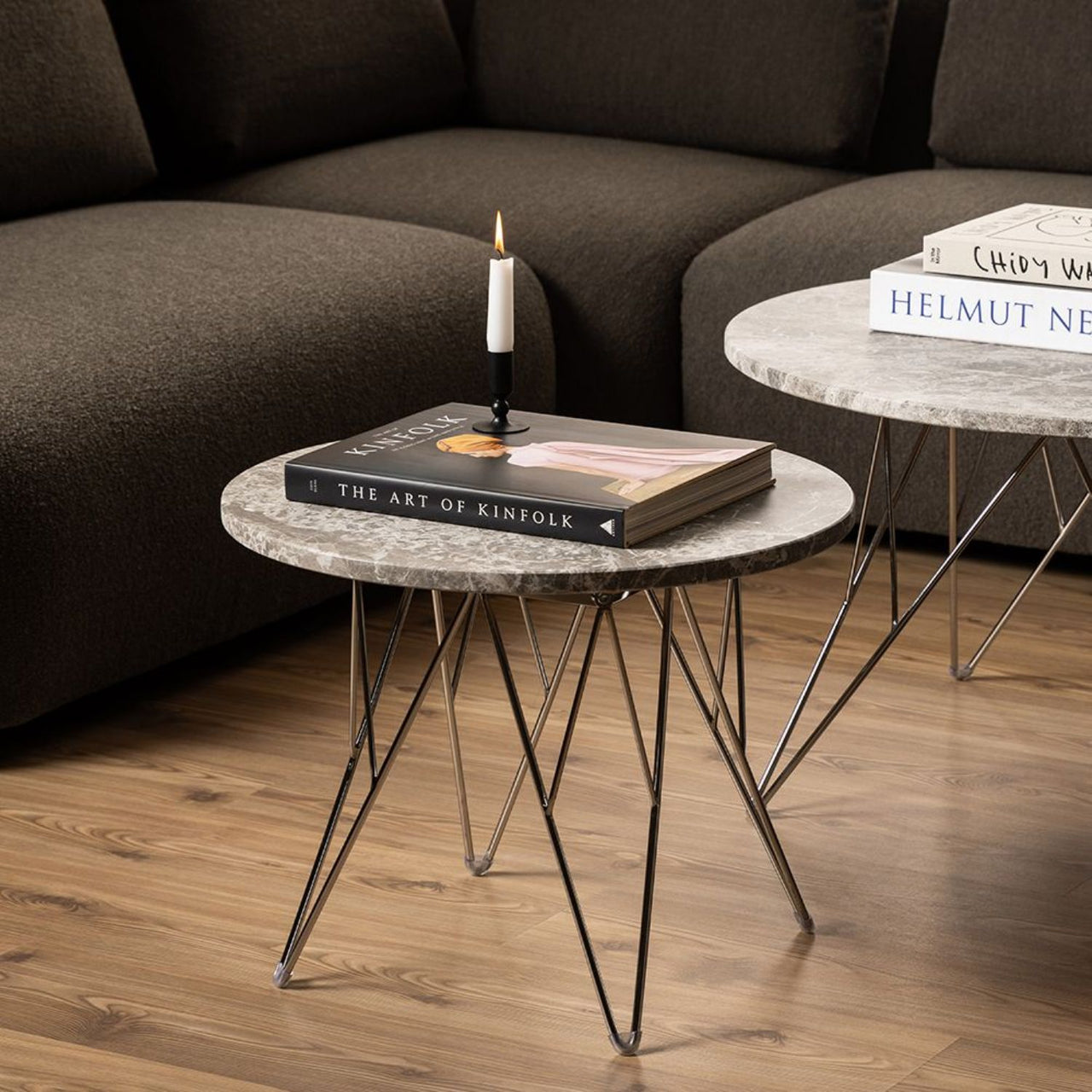 Prunus Round Side Table with GreyBrown Marble Top