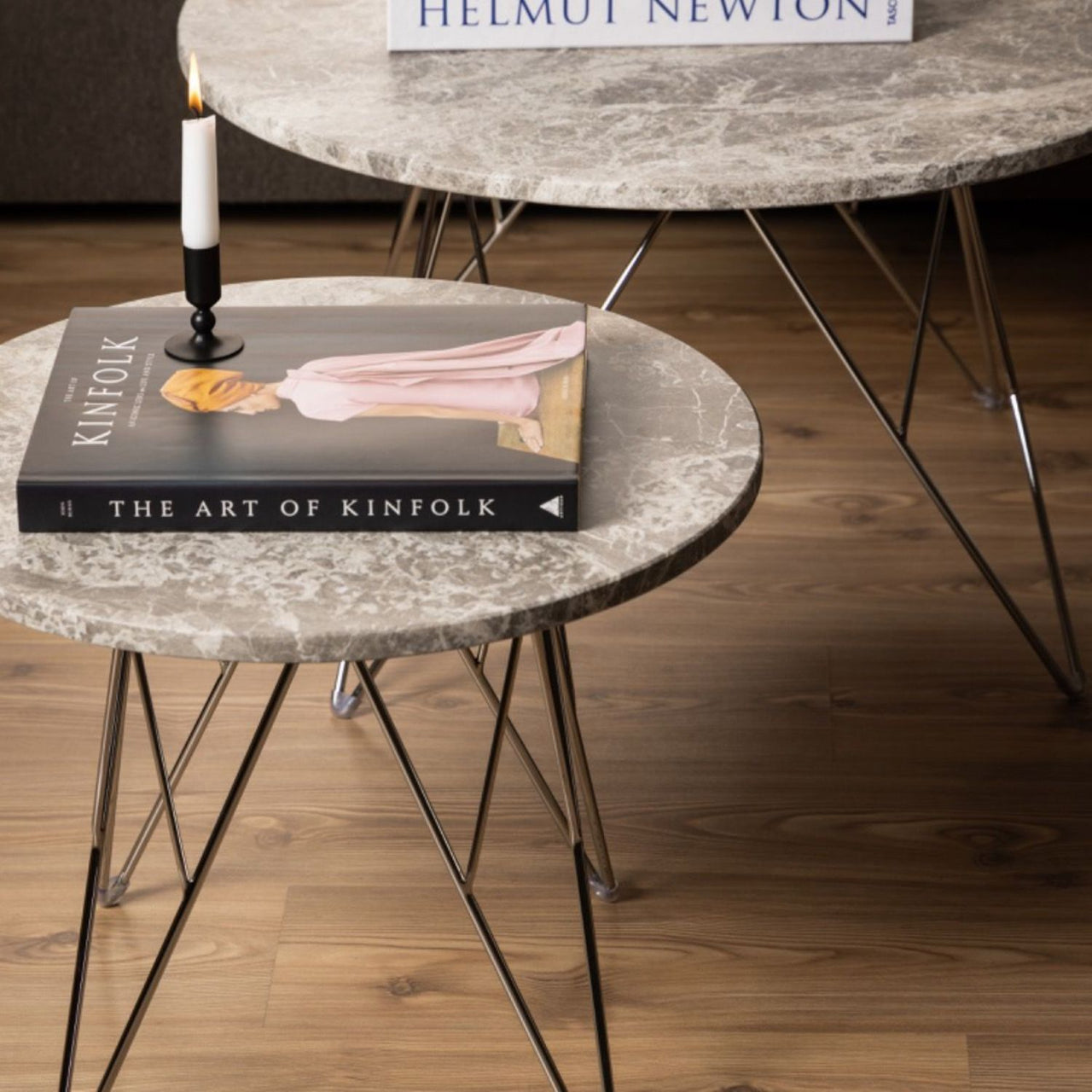 Prunus Round Side Table with GreyBrown Marble Top