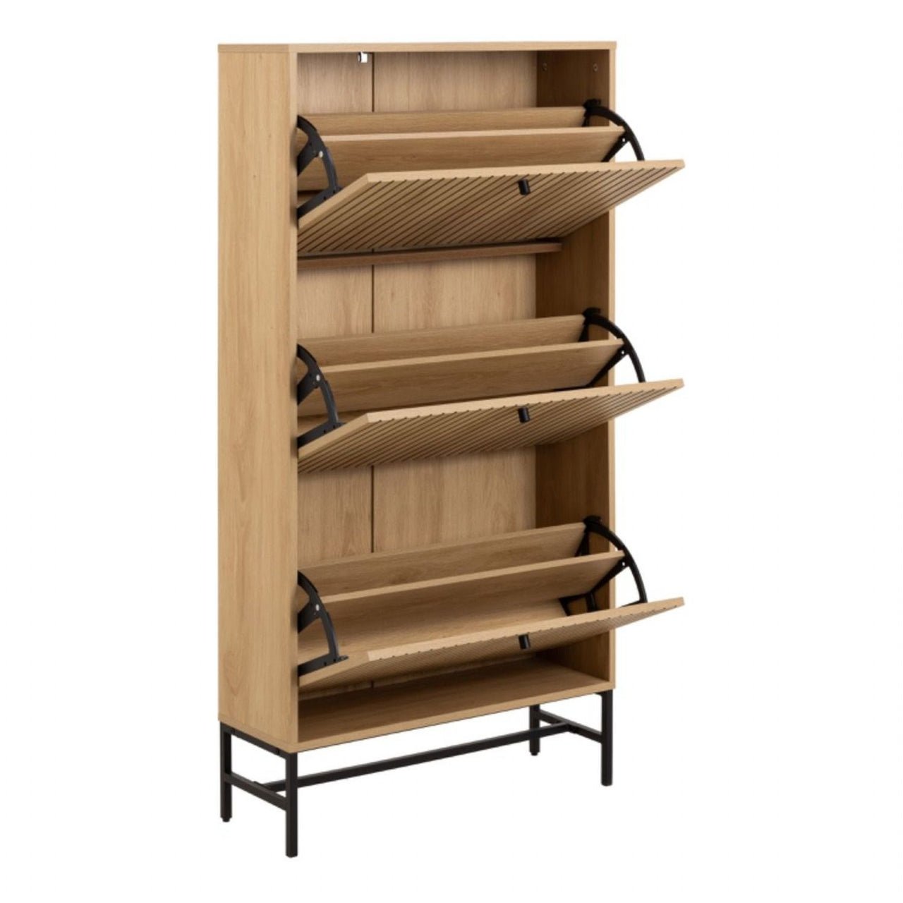 Albany Shoe Cabinet 3 Flip Down Doors in Oak Black Legs