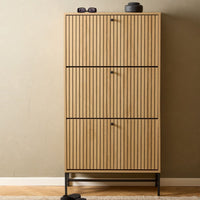 Thumbnail for Albany Shoe Cabinet 3 Flip Down Doors in Oak Black Legs